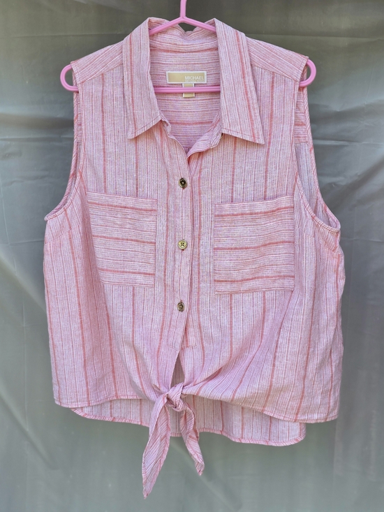 MICHAEL Michael Kors Tops - MICHAEL Michael Kors Striped Tie-Front Linen-Blend Sleeveless Blouse